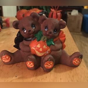 Vintage Halloween Hermitage Pottery Teddy Bear with Jack O Lantern Figurine